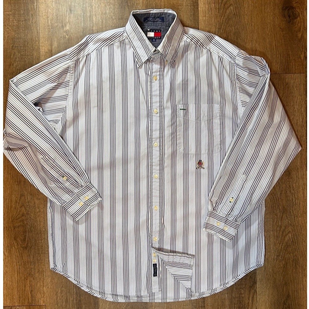 Vintage Tommy Hilfiger Mens Medium Blue Striped 90's 100% Cotton Button Down